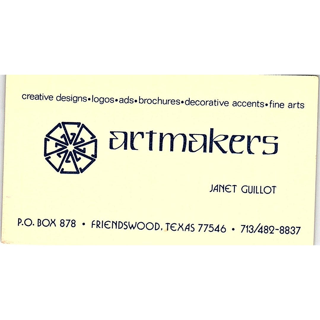 Janet Guillot Artmakers Friendswood TX Vintage Business Card SC9-B6