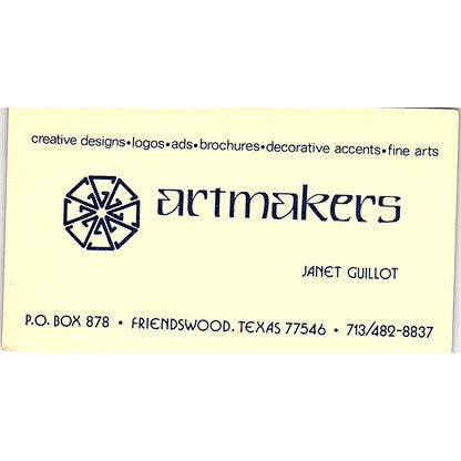 Janet Guillot Artmakers Friendswood TX Vintage Business Card SC9-B6