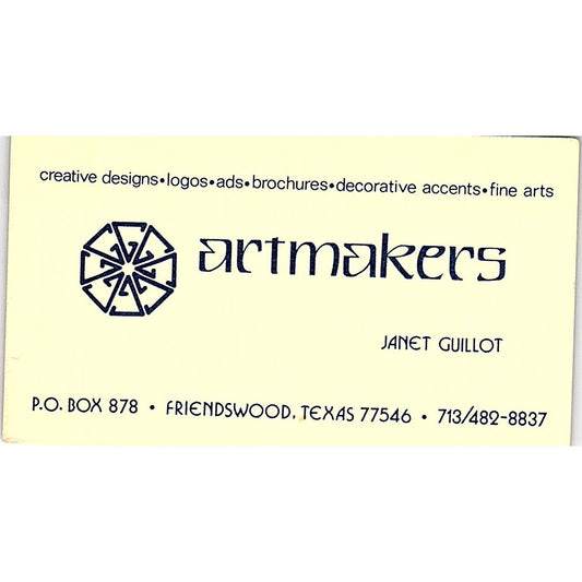 Janet Guillot Artmakers Friendswood TX Vintage Business Card SC9-B6