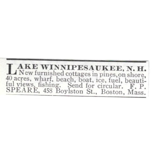 Lake Winnipesaukee NH Furnished Cottages F.P. Speare 1903 Ad AF8-S43