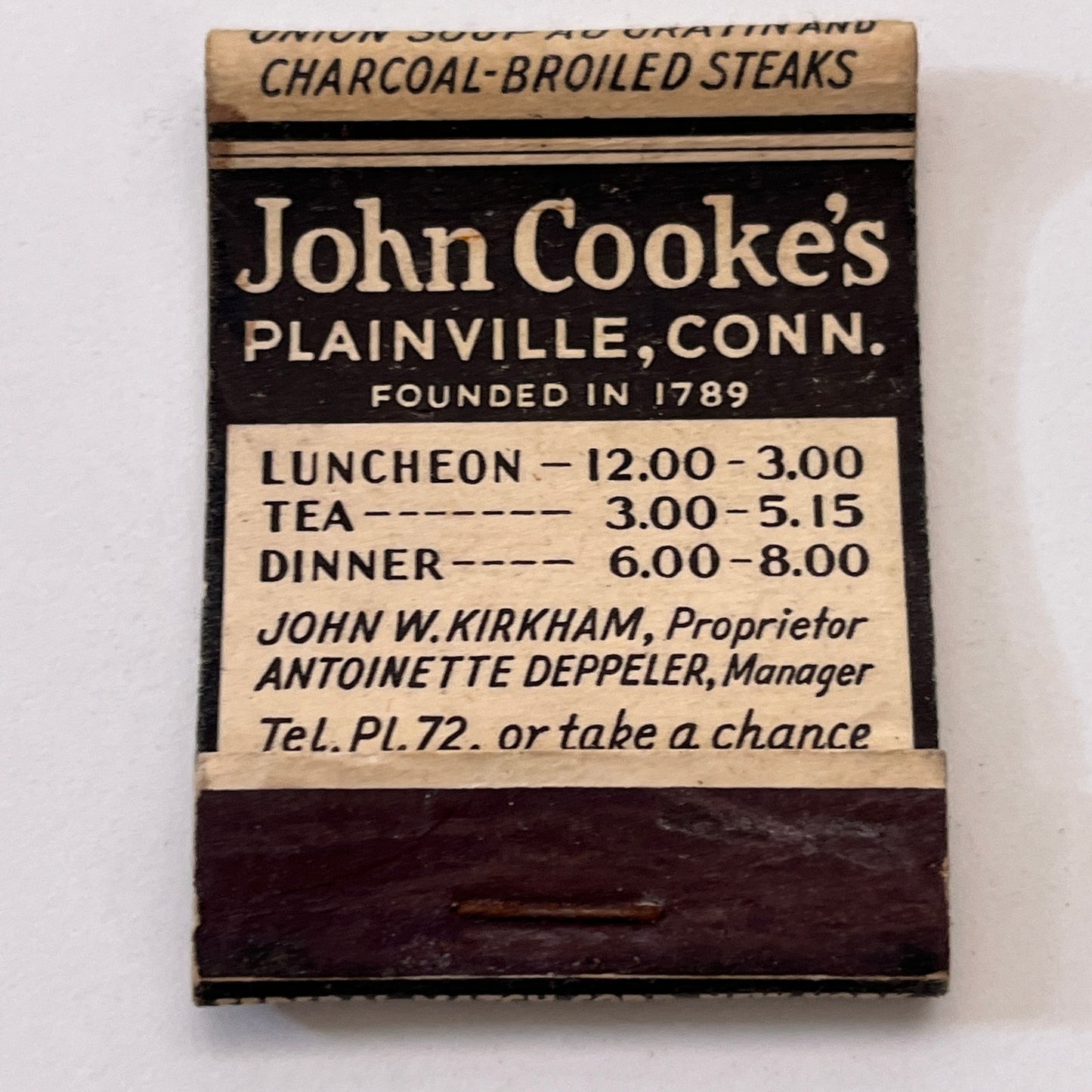 John Cooke's Plainville John W Kirkham Antoinette Deppeler Matchbook TB8-MB3-7