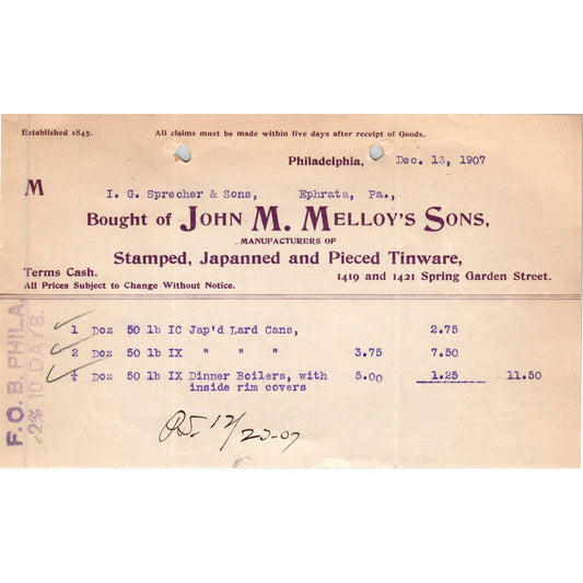 1907 John M. Melloy's Sons Tinware Philadelphia Letterhead Billhead Receipt D11