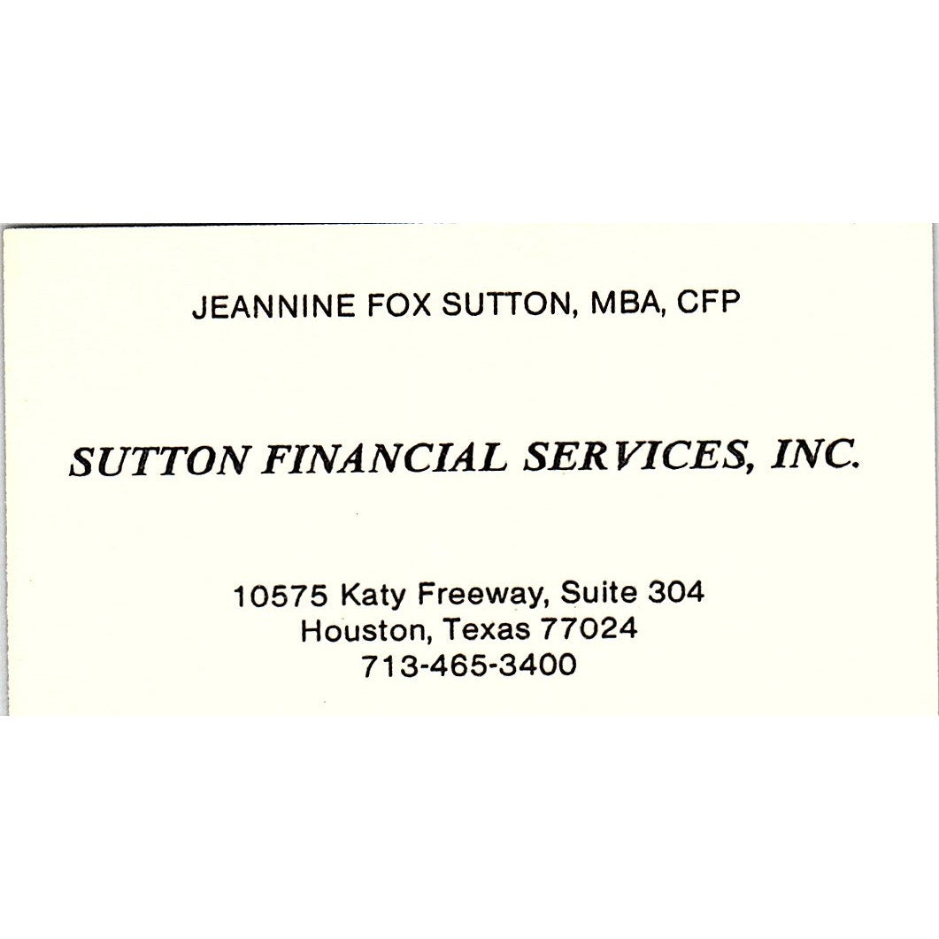 Sutton Financial Services Jeannine Fox Sutton Houston TX Business Card SF3-B4