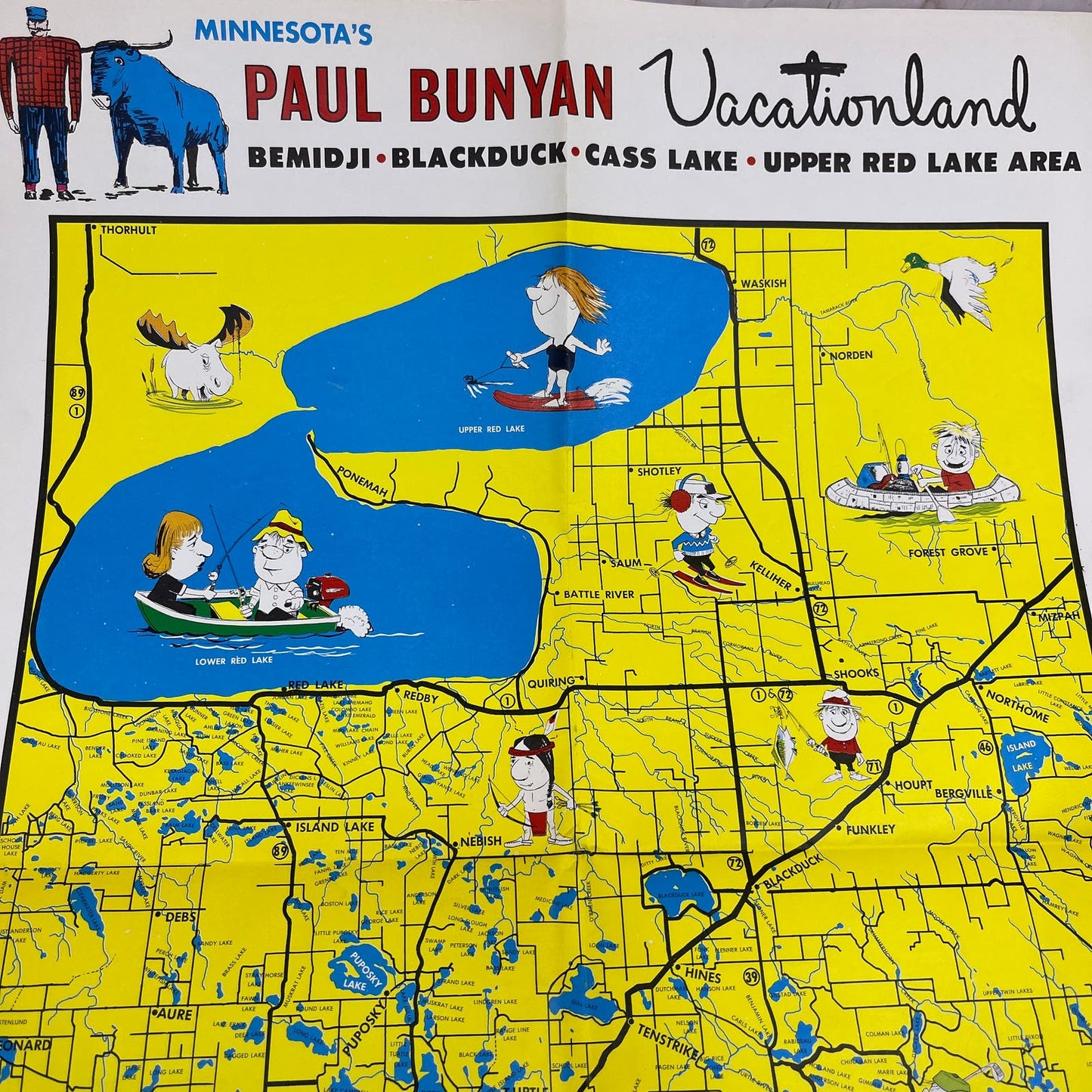 Vintage Minnesota's Paul Bunyan Vacationland Fold Out Illustrated Map AE3