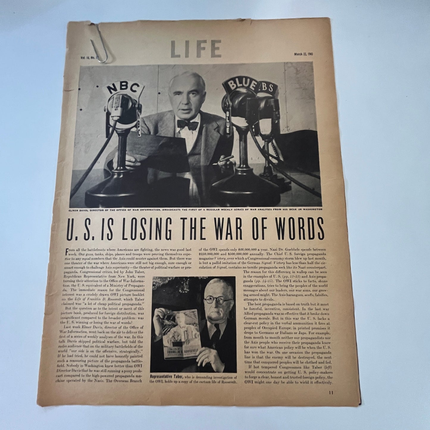 US Losing War of Words - Elmer Davis 3 Pages 1940s WWII Era Article V30-1