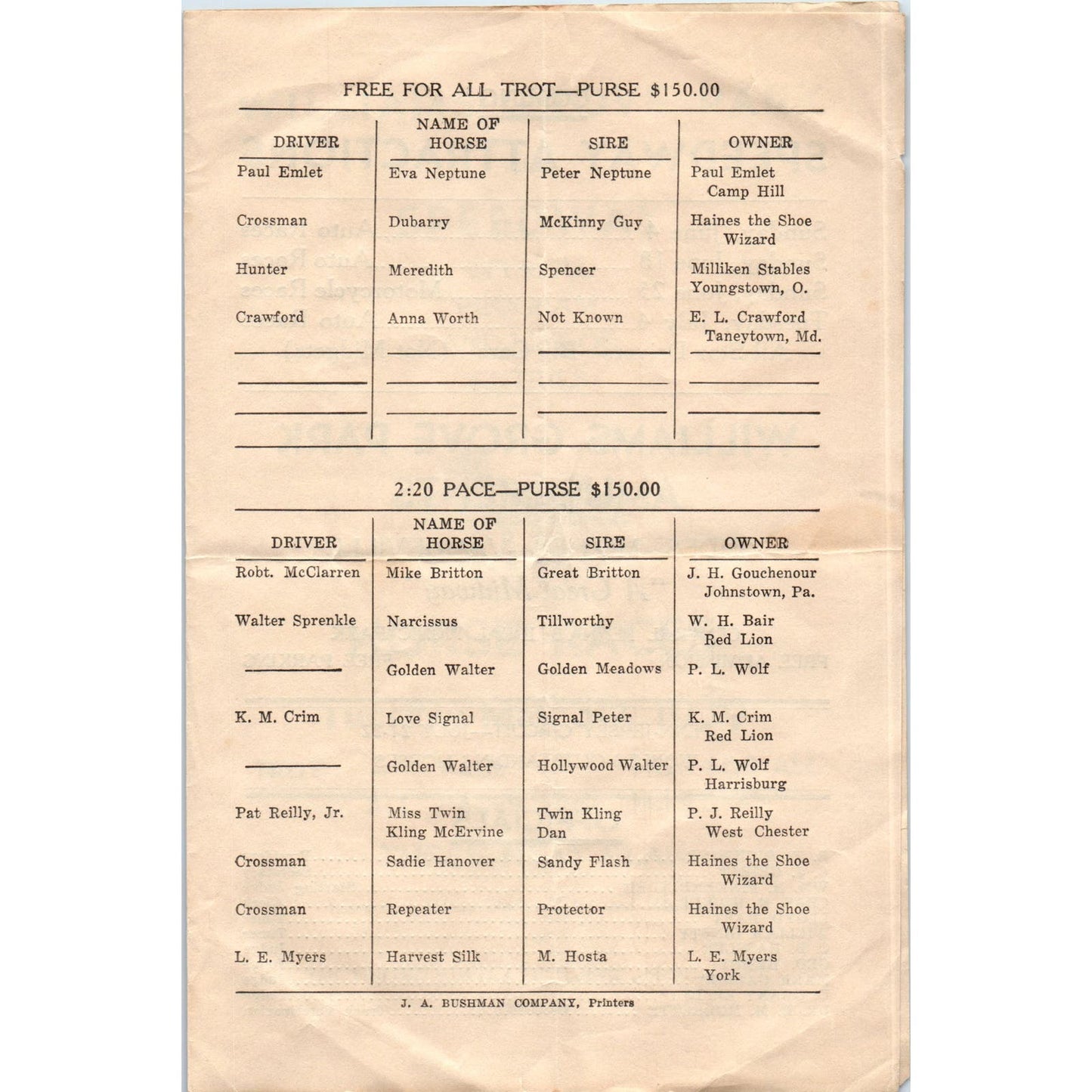 1939 Williams Grove Park and Speedway Horse Races Official Program AB9