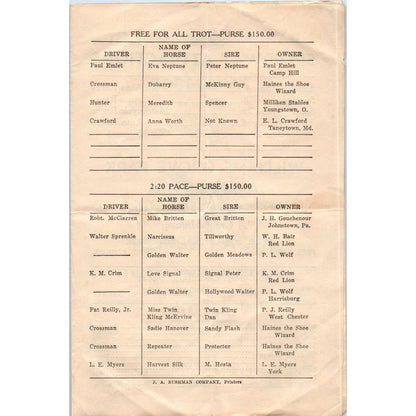 1939 Williams Grove Park and Speedway Horse Races Official Program AB9