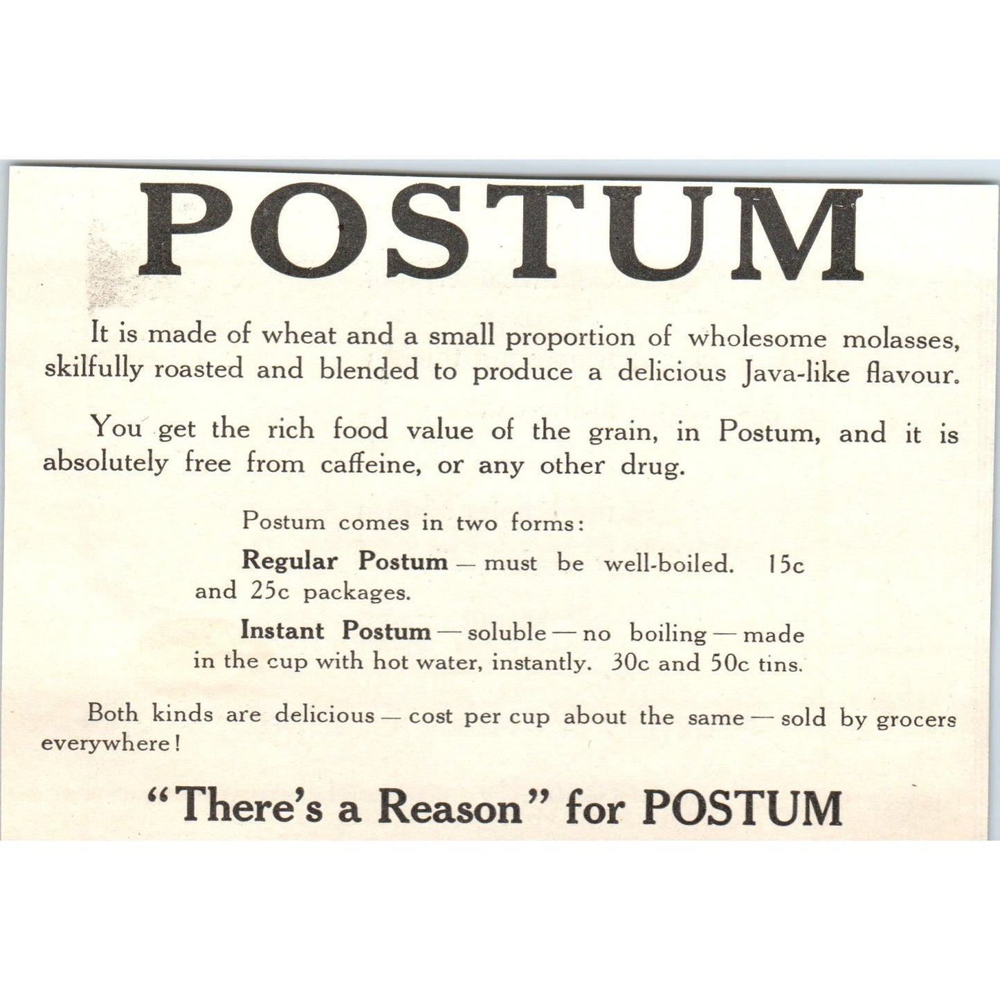 Postum Drink with Java-Like Flavour c1905 Original Magazine Advertisement AE7-A1