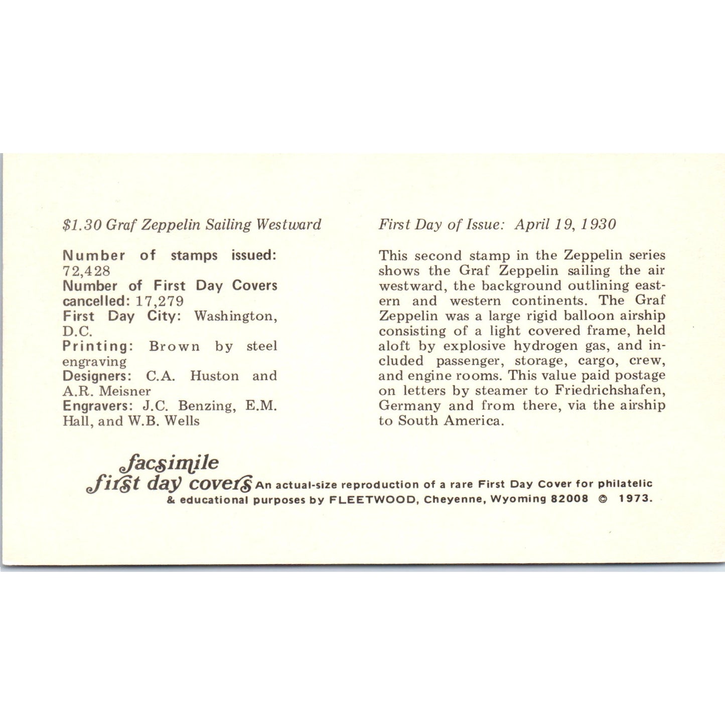 1973 Graf Zeppelin Sailing Westward Replica First Day Postal Cover TI5-PC1