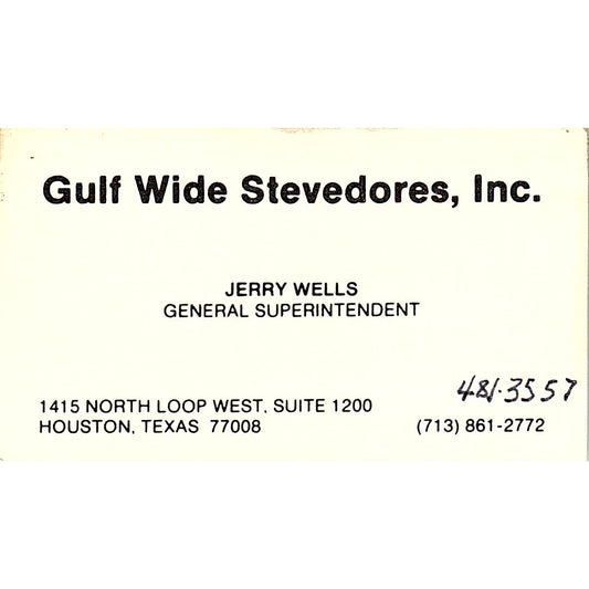 Gulf Wide Stevedores Inc Jerry Wells Houston Vintage Business Card SC9-B2