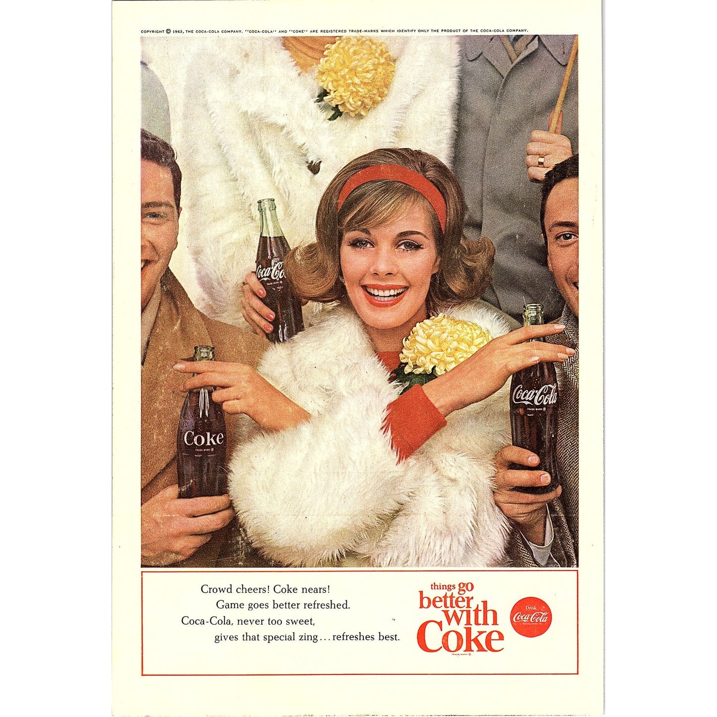 Lady in Fur Coat at Sporting Event 1963 Coca-Cola Coke Ad 6.75x10 V18