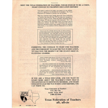 Texas Federation of Teachers AFT AFL-CIO 1984 Ad AF6-9