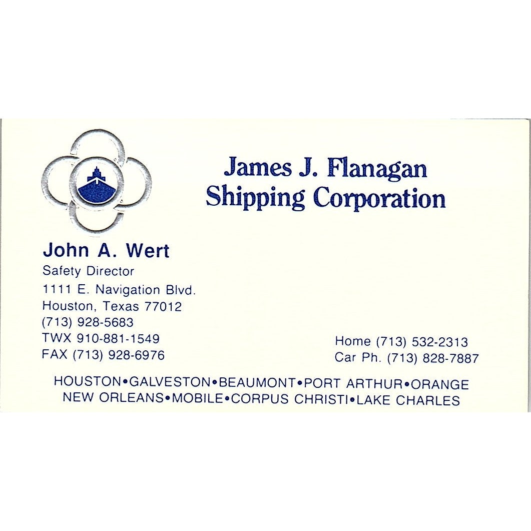 John A Wert James J Flanagan Shipping Houston Vintage Business Card SC9-B3