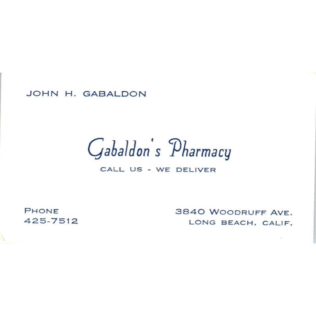 John H. Gabaldon's Pharmacy Long Beach CA Vintage Business Card SD8-B15