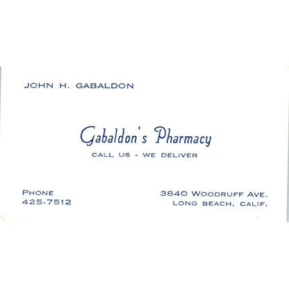 John H. Gabaldon's Pharmacy Long Beach CA Vintage Business Card SD8-B15