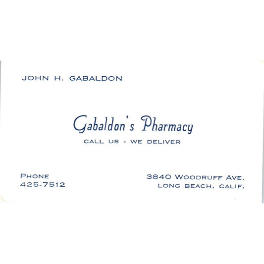 John H. Gabaldon's Pharmacy Long Beach CA Vintage Business Card SD8-B15