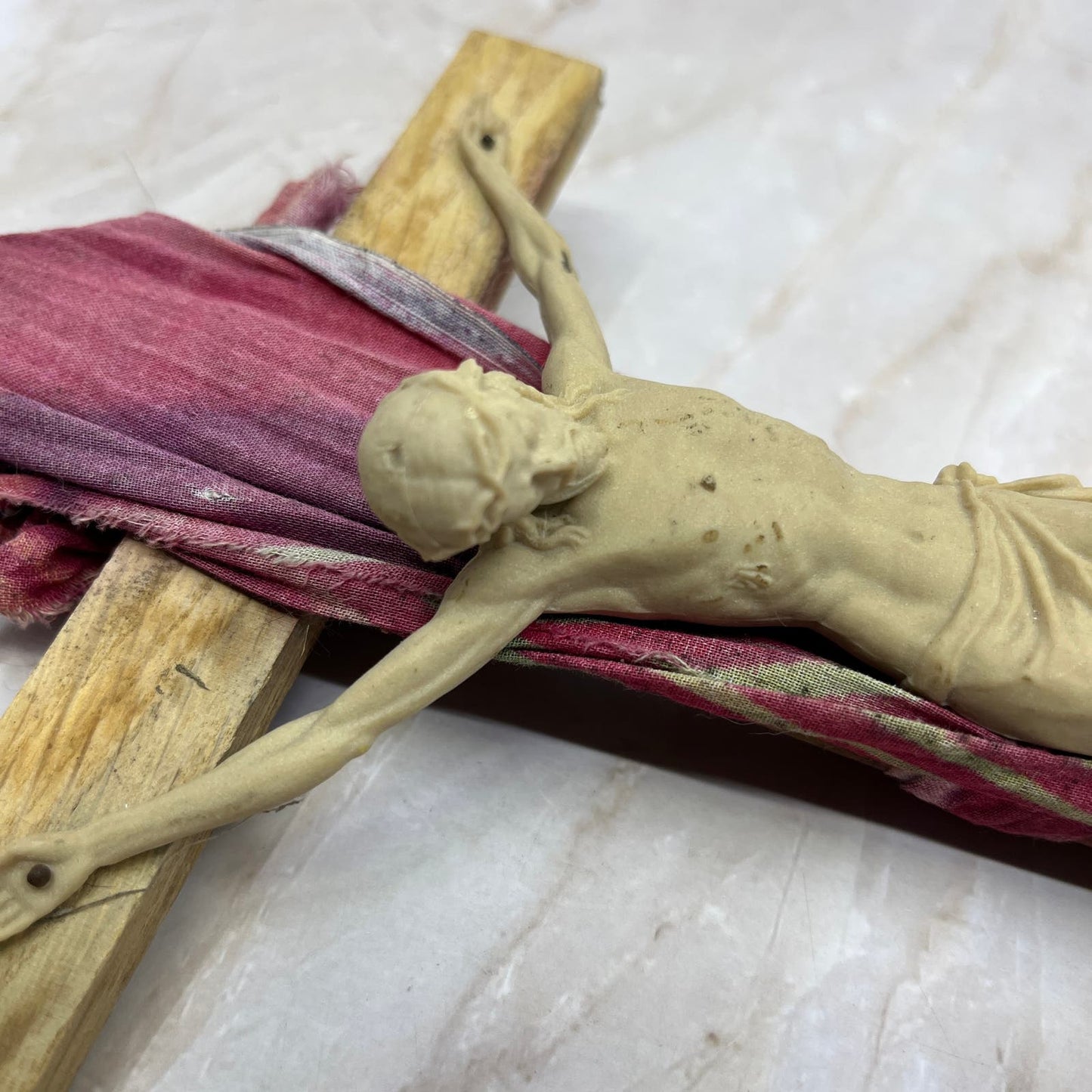 Vintage Handmade Crucifix Jesus on Cross Wood & Cloth 12x6 TD5