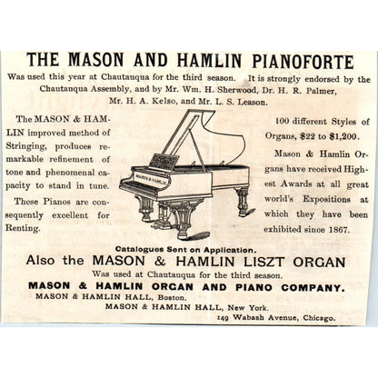 Mason & Hamlin Liszt Organ and Pianoforte c1890 Victorian Ad AE8-CH2