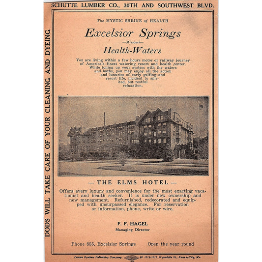 Excelsior Springs Elms Hotel F.F. Hagel, Bertrand F Moon Tailor 1929 Ad AG6-7