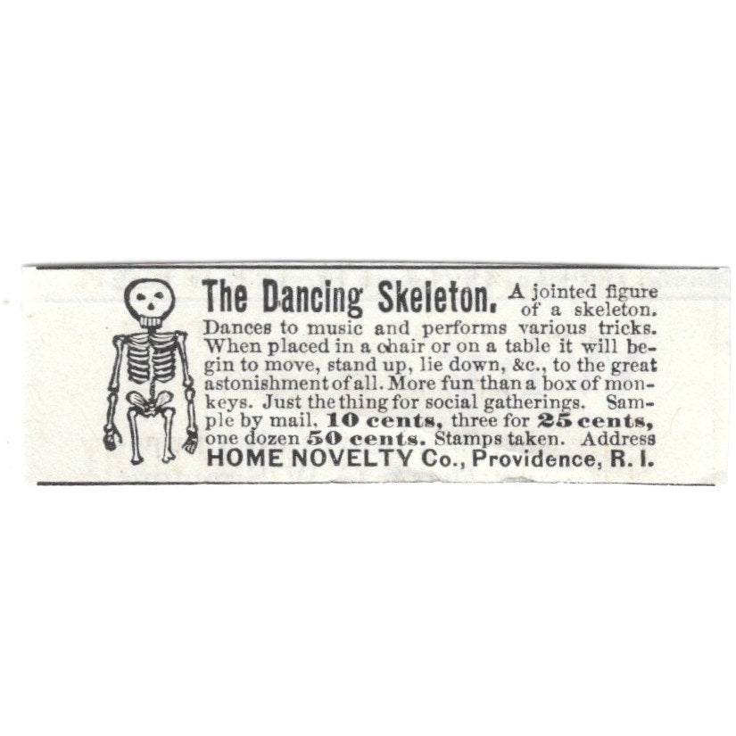 The Dancing Skeleton Home Novelty Co Providence RI 1892 Ad AG2-S25