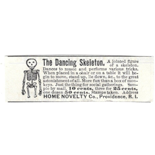 The Dancing Skeleton Home Novelty Co Providence RI 1892 Ad AG2-S25