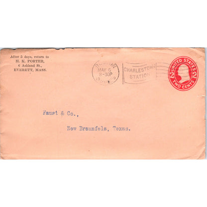 1909 H.K. Porter Everett MA to Faust & Co New Braunfels TX Postal Cover TG7-PC3
