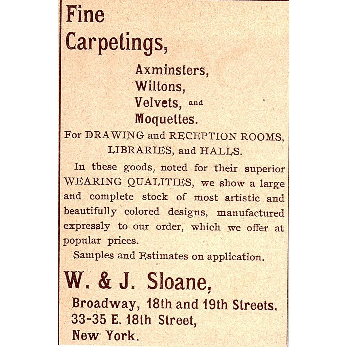 W&J Sloane Fine Carpetings Broadway New York 1892 Ad AG2-M9