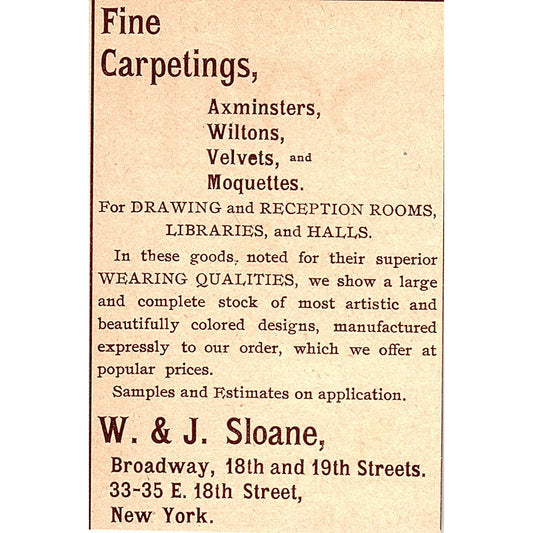 W&J Sloane Fine Carpetings Broadway New York 1892 Ad AG2-M9