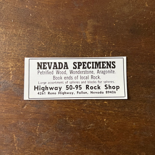 Nevada Specimens Highway 50-95 Rock Shop Fallon NV 1972 Ad AF8-S7