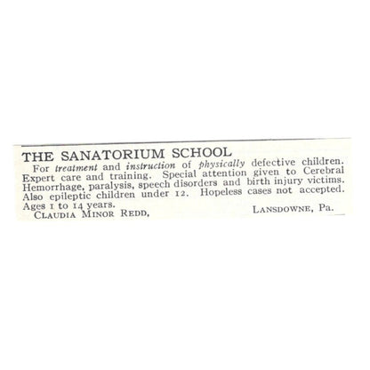 The Sanitorium School Claudia Minor Redd Lansdowne PA 1924 Magazine Ad AD8-O8