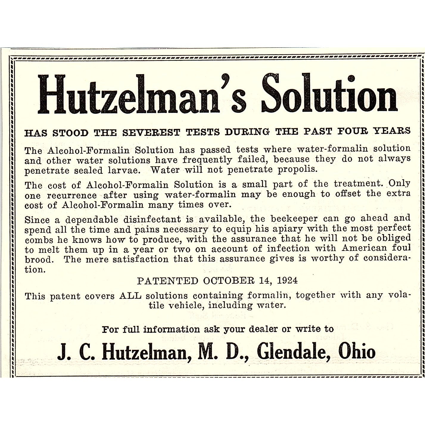 J.C. Hutzelman Bee Solution Glendale Ohio 1926 Ad AG3-H2