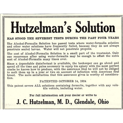 J.C. Hutzelman Bee Solution Glendale Ohio 1926 Ad AG3-H2