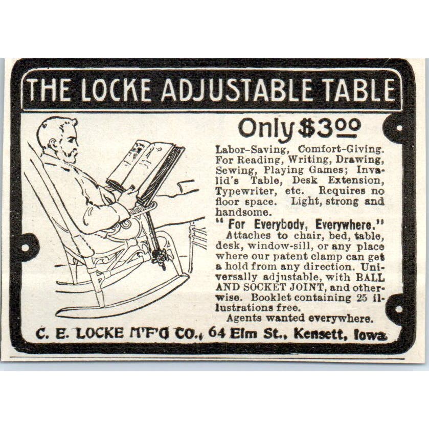 C.E. Locke Adjustable Table Kensett Iowa c1905 Original Advertisement AE7-A3