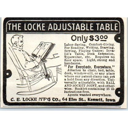 C.E. Locke Adjustable Table Kensett Iowa c1905 Original Advertisement AE7-A3