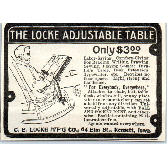 C.E. Locke Adjustable Table Kensett Iowa c1905 Original Advertisement AE7-A3
