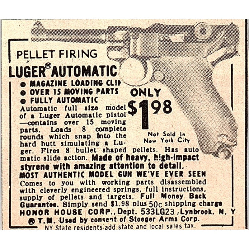 Pellet Firing Luger Automatic Honor House Corp Lynbrook 1974 Ad AG1-S17