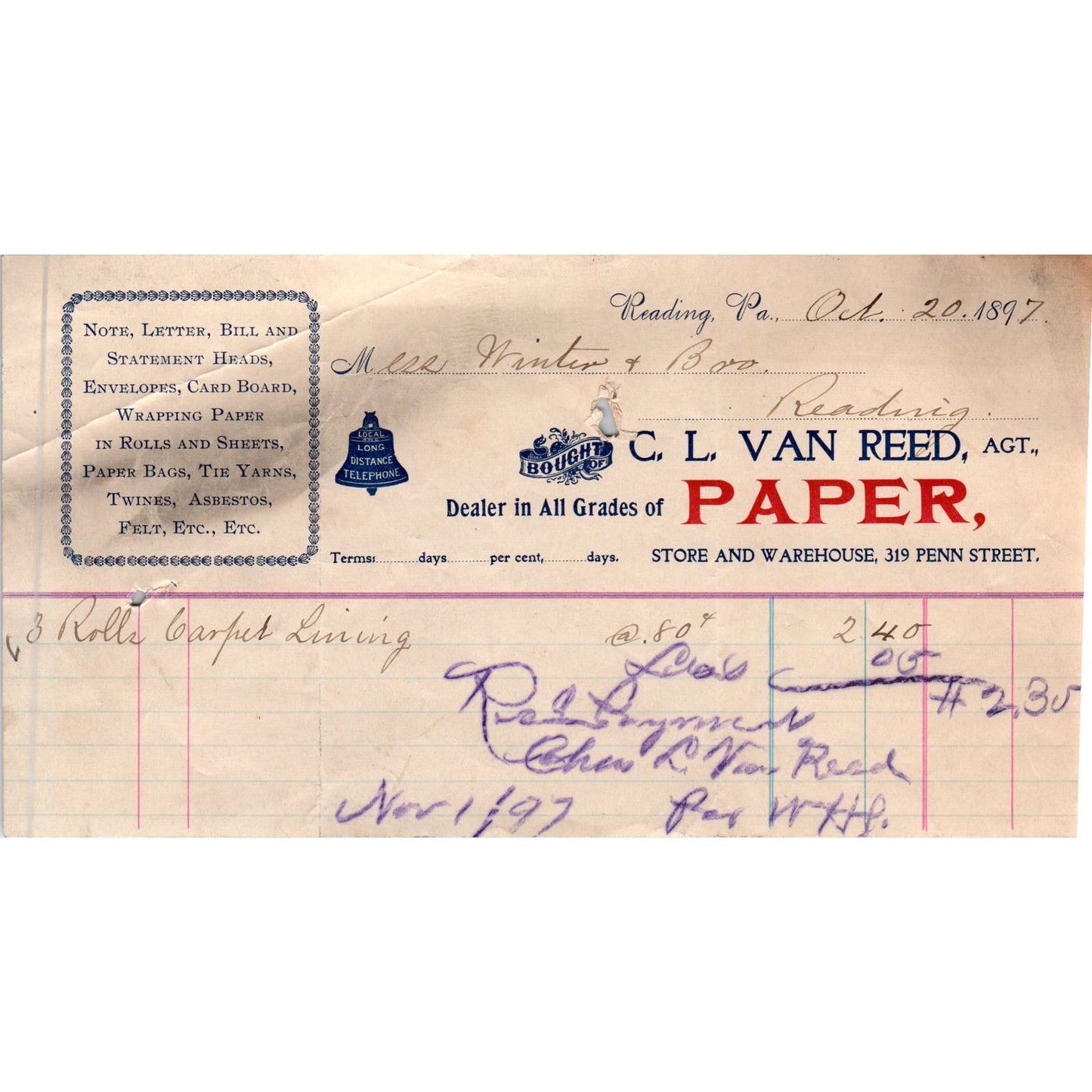 1897 C.L. Van reed Paper Reading PA Original Billhead Letterhead Receipt AE7