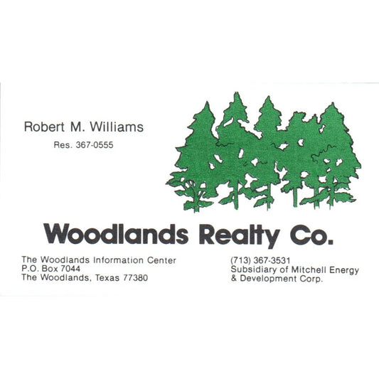 Robert M. Williams Woodlands Realty Co The Woodlands TX Vtg Business Card SD8-B1