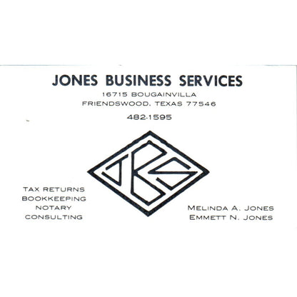 Melinda A & Emmett N Jones Business Services Friendswood TX Business Card SD8-B9