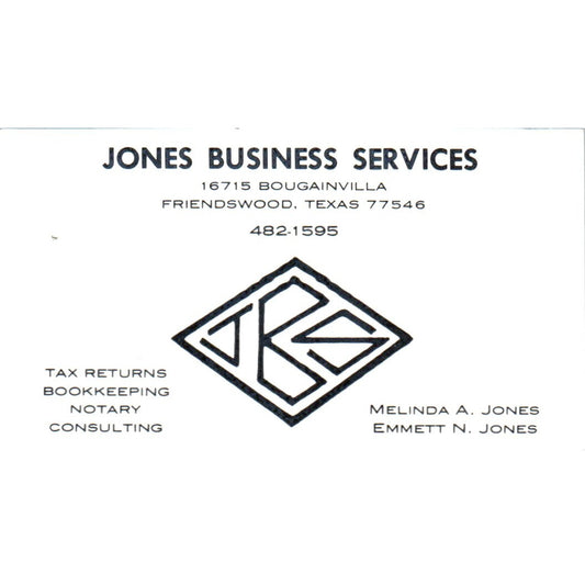 Melinda A & Emmett N Jones Business Services Friendswood TX Business Card SD8-B9