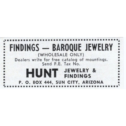 Hunt Jewelry and Findings Sun City Arizona 1964 Magazine Ad AB6-S4