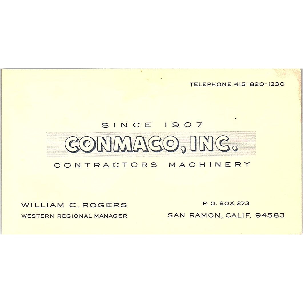 William C Rogers Conmaco Contractors San Ramon CA Vintage Business Card SD9-B3