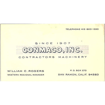William C Rogers Conmaco Contractors San Ramon CA Vintage Business Card SD9-B3