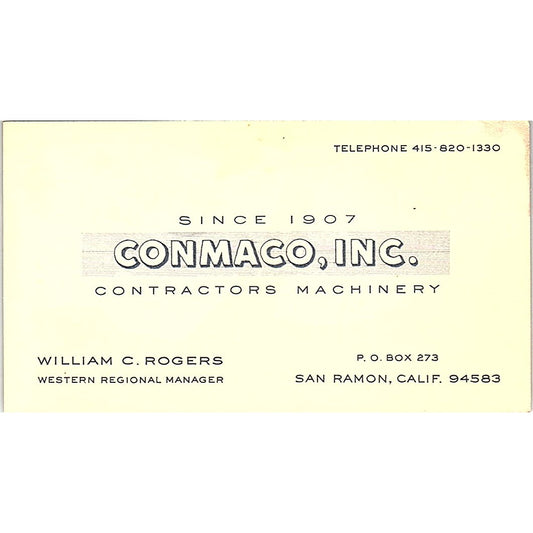 William C Rogers Conmaco Contractors San Ramon CA Vintage Business Card SD9-B3