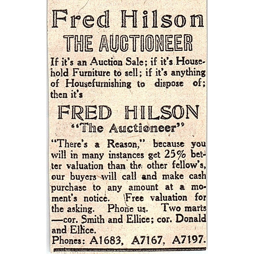 Fred Hilson Auctioneer Winnipeg 1920 Ad AG2-M7