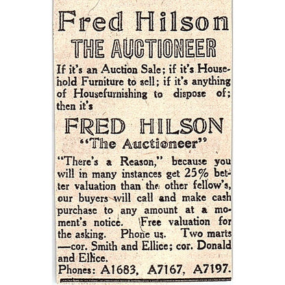 Fred Hilson Auctioneer Winnipeg 1920 Ad AG2-M7