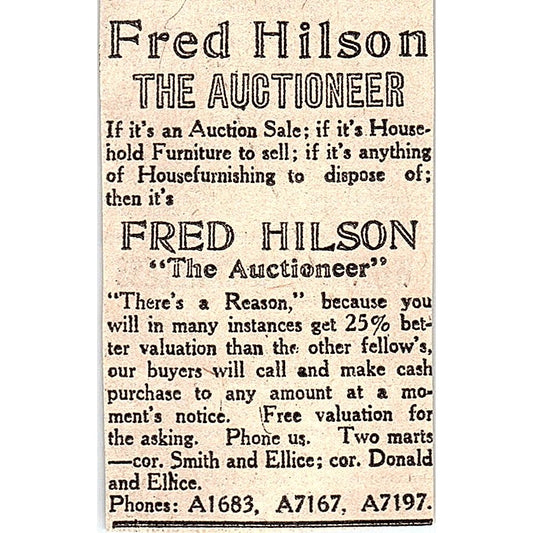 Fred Hilson Auctioneer Winnipeg 1920 Ad AG2-M7