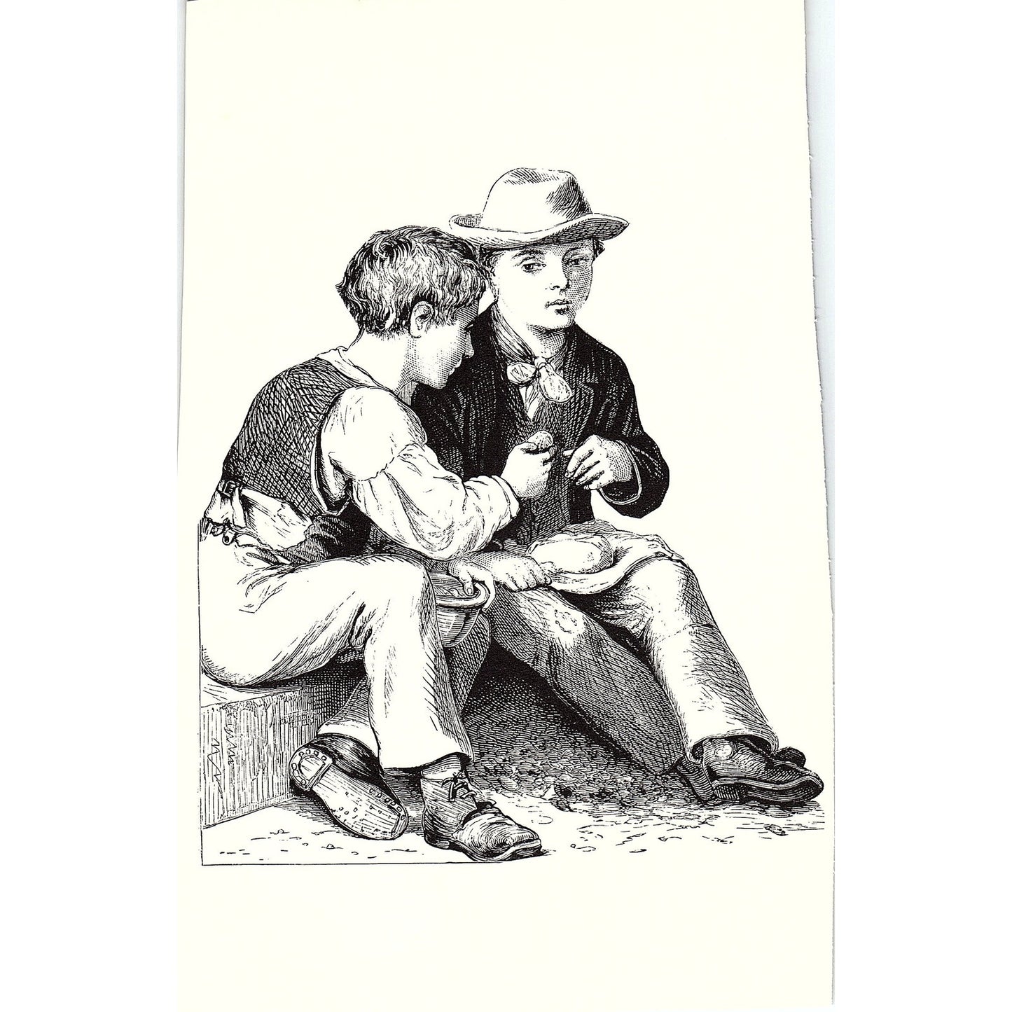 Two Victorian Boys Sharing a Snack Vintage Pictures & Prattle Engraving 5x7 V19