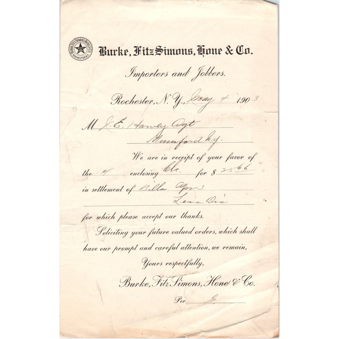 1903 Burke, Fitzsimons, Hone & Co Importers Rochester NY Billhead Letterhead D17