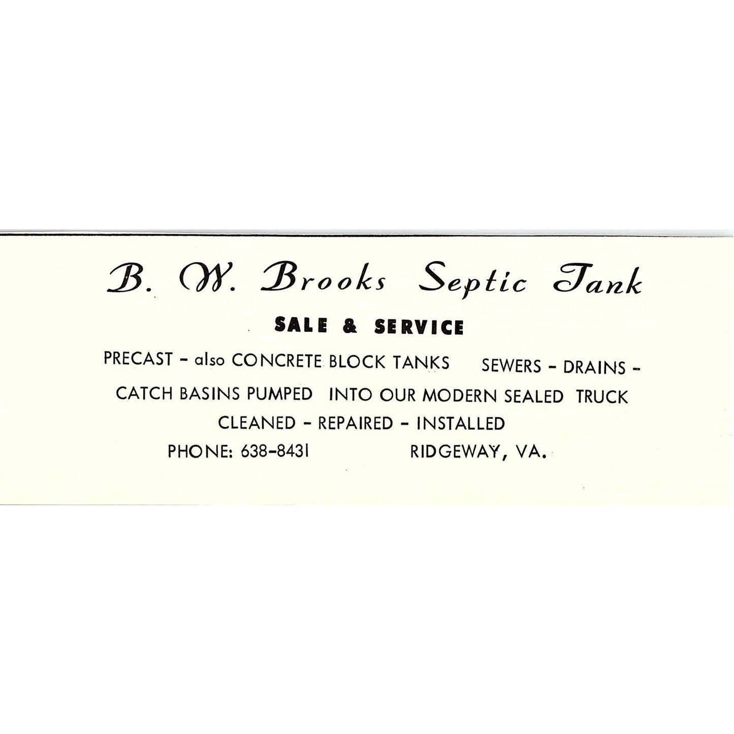 B.W. Brooks Septic Tank Ridgeway VA 1960s Ad AG2-5
